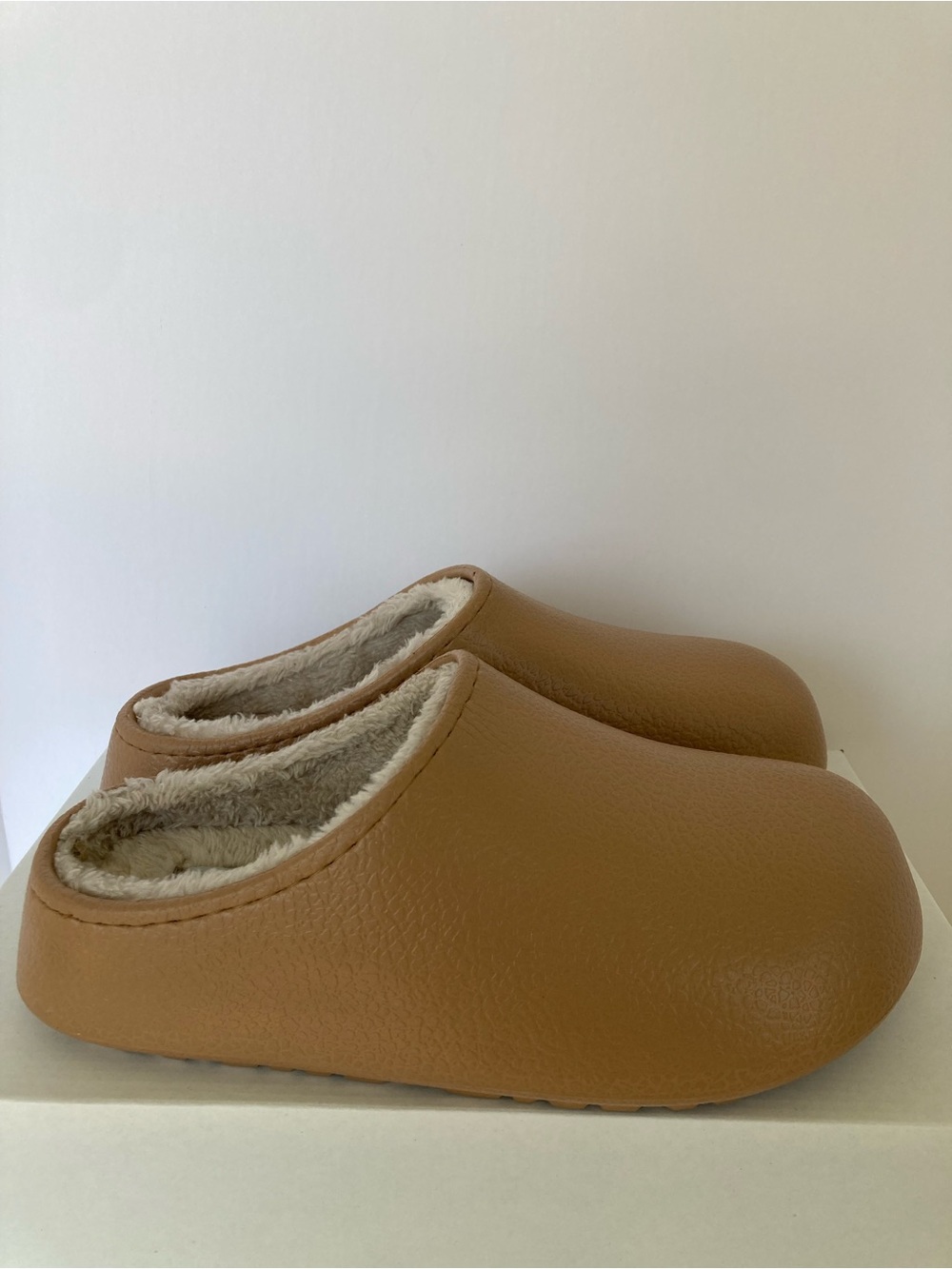 Cozy Faux-Leather Slip-On Clogs in Camel